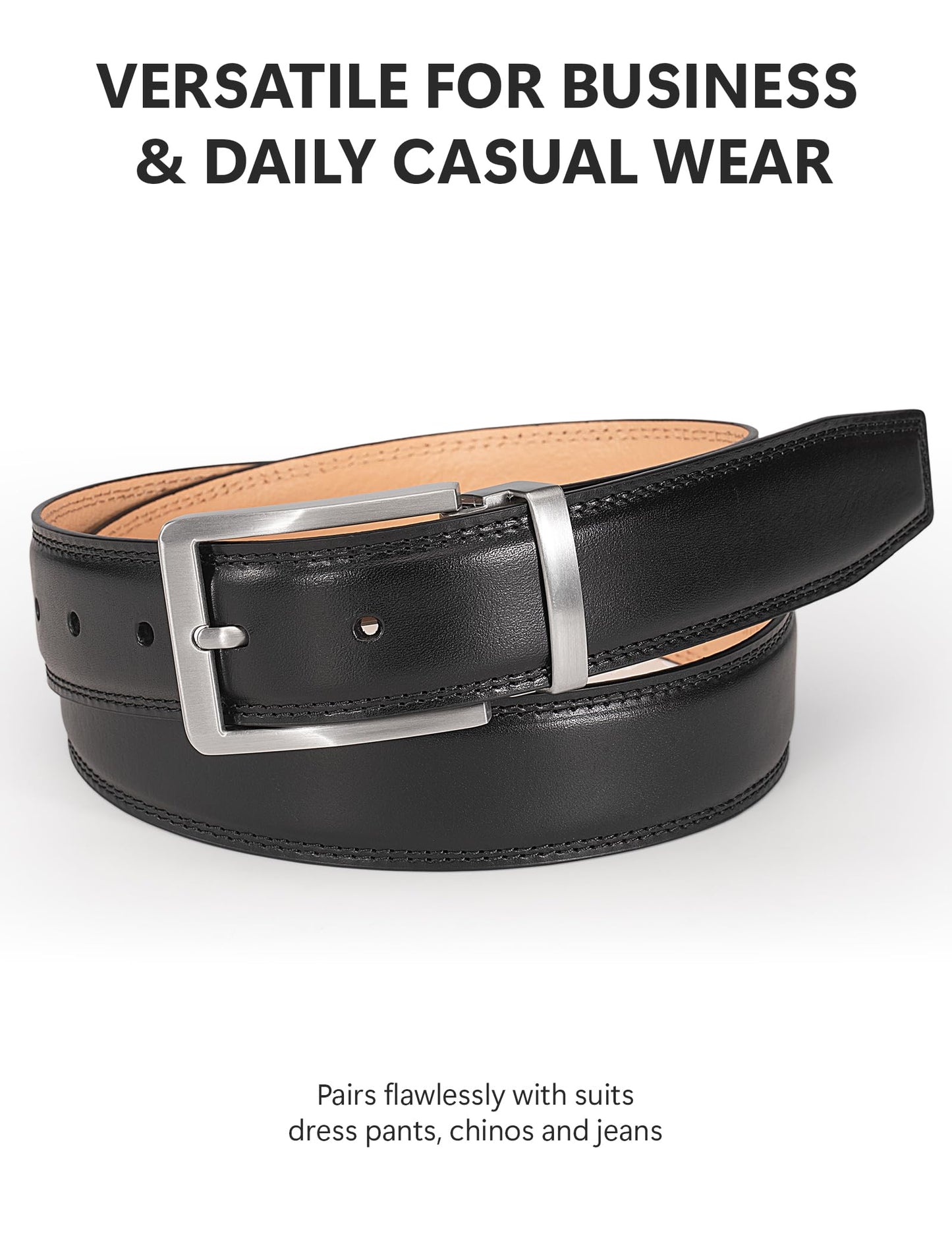 wolksprong Mens Dress Belt–Full-Grain Leather Single Prong Buckle Classic for Work Business & Casual (Black, 36(Fit Pants Size 34))