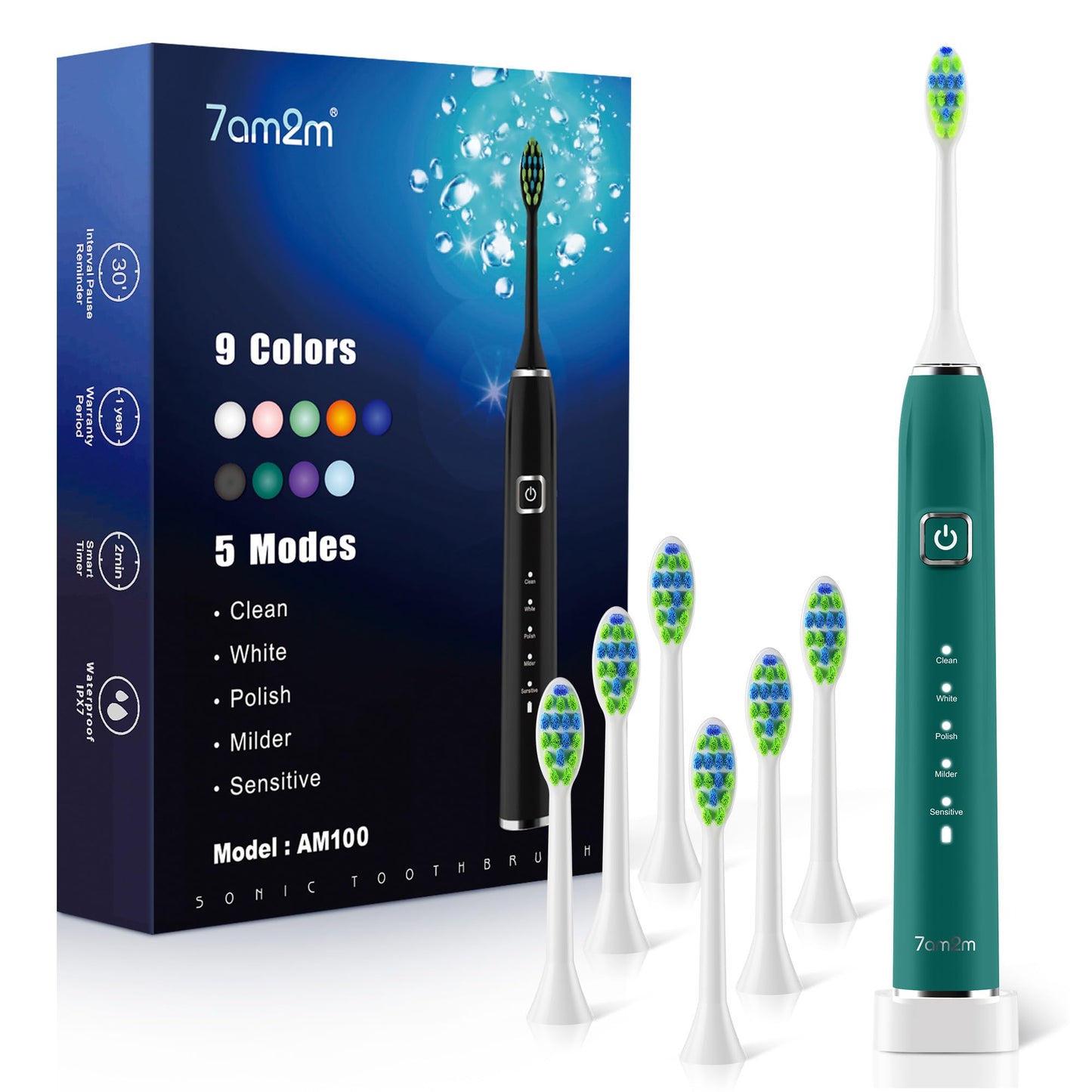 7AM2M Sonic Electric Toothbrush with 6 Brush Heads for Adults&Kids, One Charge for 120 Days, Wireless Fast Charge, 5 Modes, 40000VPM Powered Toothbrush, 2 Minutes Built in Smart Timer (Black)