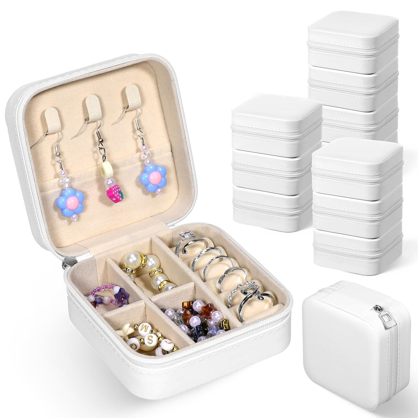 12 Pack Small Travel Jewelry Box Bulk Bridesmaid Proposal Gift Boxes Portable Mini Travel Jewelry Case PU Leather Earring Storage Box with Dividers for Women Girls Rings Necklace Earring Organizer