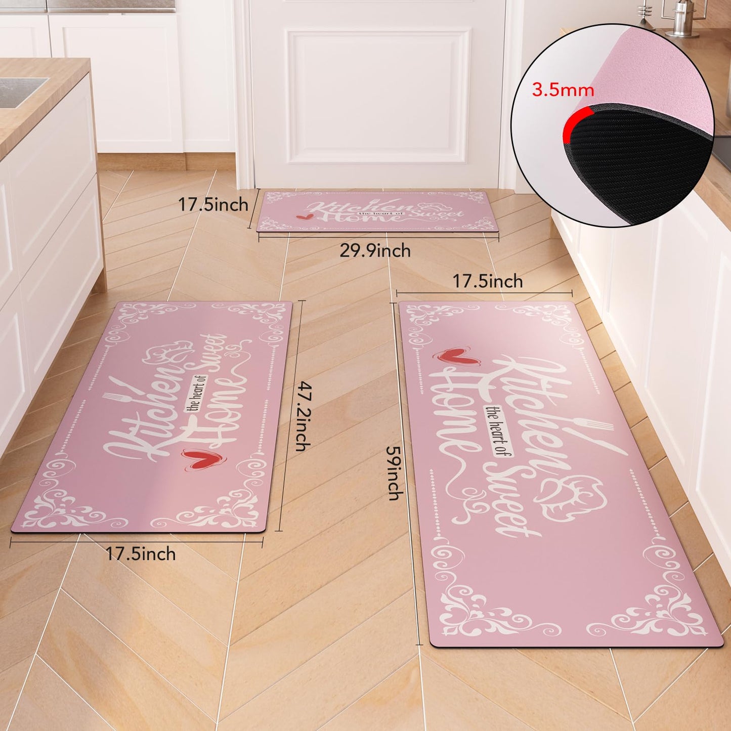 XLHOMO Pink Kitchen Mats for Floor 3 Pieces Set, Non Slip Cushioned Runners Waterproof Comfort Kitchen Rugs and Mats Farmhouse Chef Mat Carpet for Sink,Laundry Room