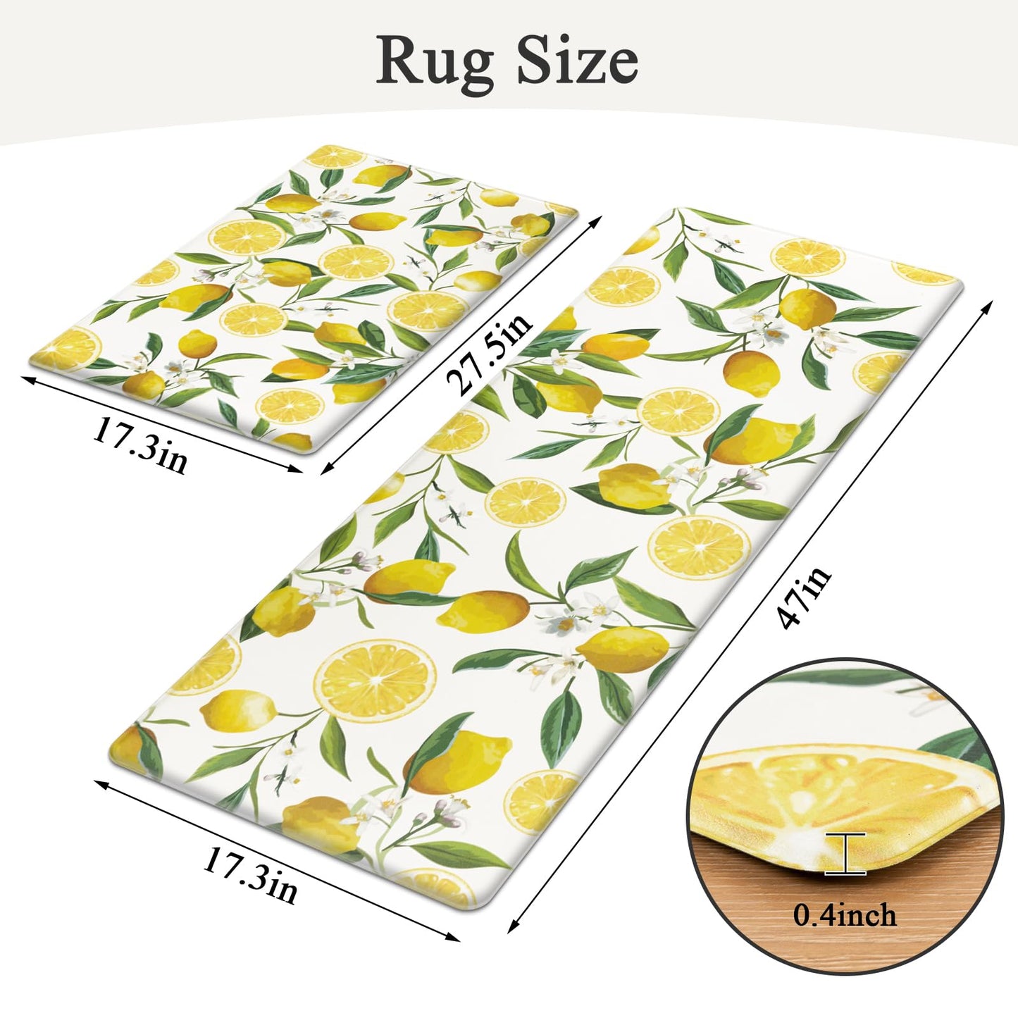 SHACOS Anti Fatigue Lemon Kitchen Rugs Mats Set of 2 Pieces Non Slip Soft Cushioned Wipeable Kitchen Mats for Floor Standing Mats, 17"x27.5"+17"x47", White