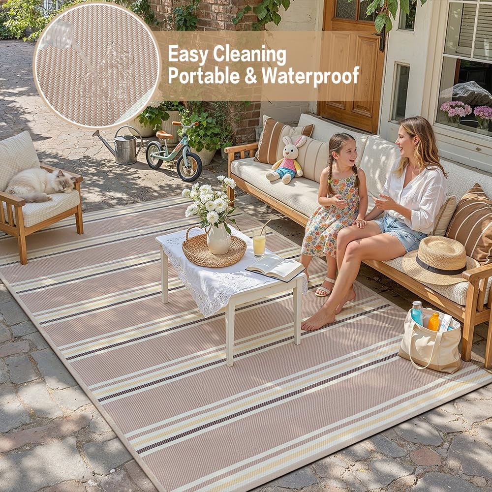 PureCozy Outdoor Waterproof 5x8 Rug for Patio Reversible Plastic Straw Beige Striped Camping Mat Outside Lightweight Large Floor Mat for RV Deck Beach Balcony Picnic Backyard Entry Porch