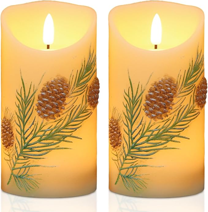 Pinecone LED Candles with 6H Timer, flameless Candles with Flickering Flame, Waxy Pillar 2 Pack Flickering Acorn Decor Woodsy for Fall Christmas Decor (3 inches x 5.7 inches)