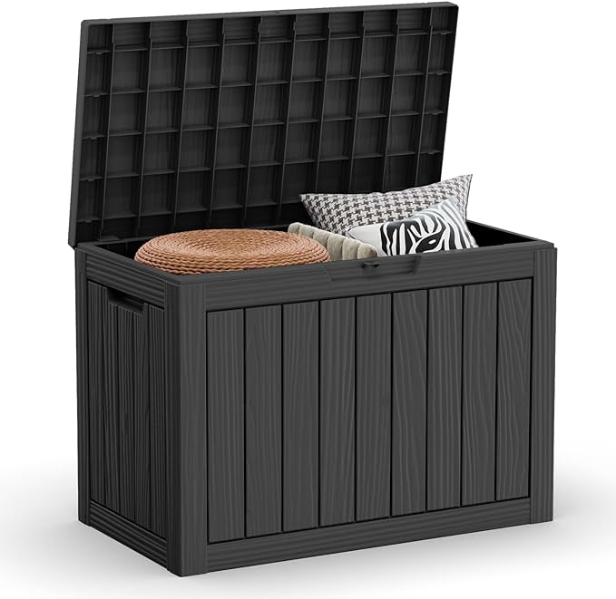 45 Gallon Waterproof Large Resin Deck Box Indoor/Outdoor Lockable Storage Container and Seating for Garden, Pool, and Patio (45 Gallon, Black)