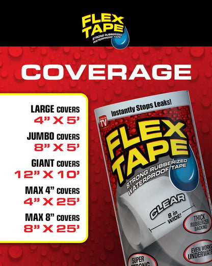Flex Tape, 8 in x 5 ft, Gray, Original Thick Flexible Rubberized Waterproof Tape - Seal and Patch Leaks, Works Underwater, Indoor Outdoor Projects - Home RV Roof Plumbing and Pool Repairs