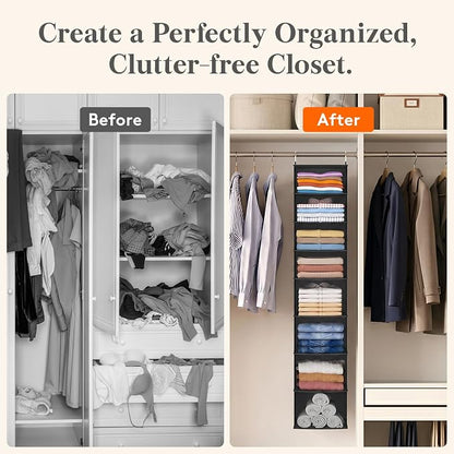 Lifewit 8 Tier Hanging Closet Organizer and Storage for Shelves, 1 Pack Foldable Clothes Shelf with 2 Sturdy Hooks, Sweater/Coat/Shoes Clothing Organization for Wardrobe, Dorm, Bedroom, Black