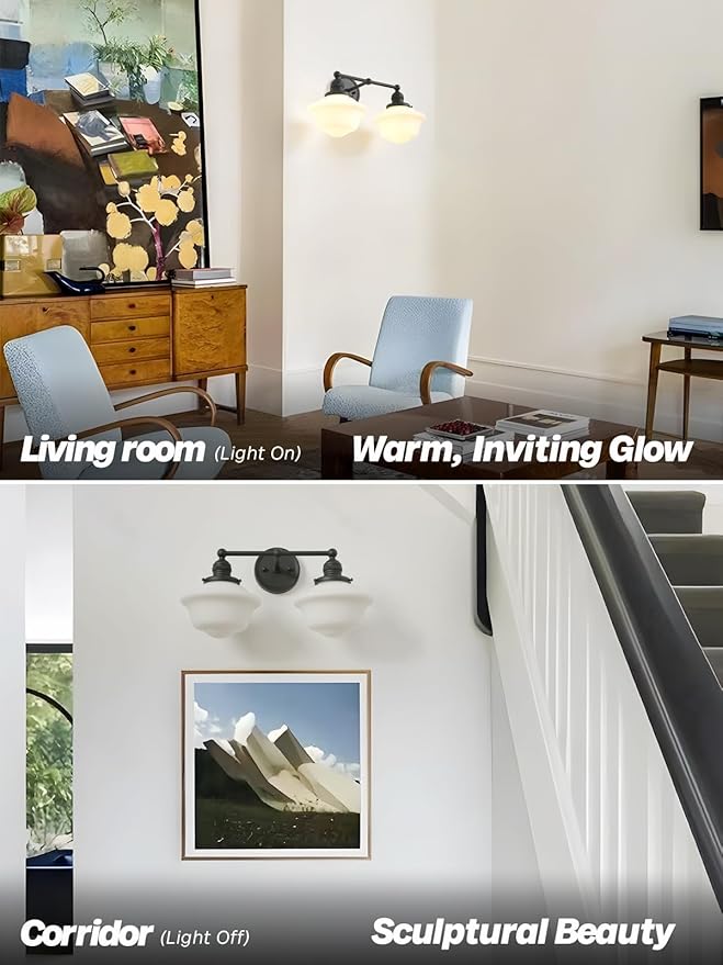 Vintage 2-Lights Wall Sconce Lights Black Bathroom Vanity Light with Milk Glass Double Sconce Wall Mounted Lamp for Bedroom Living Room Bathroom Mirror Kitchen Hallway Hardwire