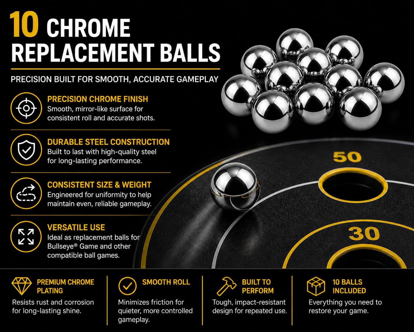 10 Pack 1/2” Chrome Steel Replacement Balls Compatible with Bullseye Game – Precision Balls by BC Precision – Durable, Smooth Finish, Game Replacement Parts