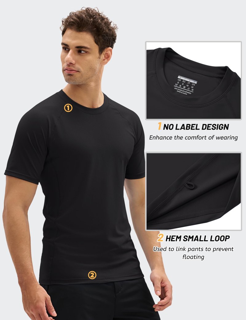 MAGCOMSEN Men's Swim Shirts Short Sleeve Rash Guard UPF 50+ Sun Protection Quick Dry Water Shirt Black L