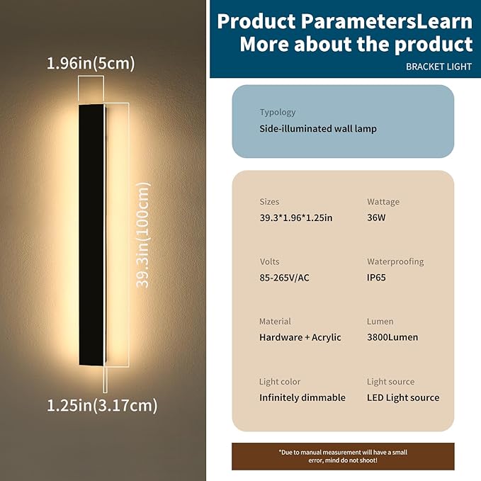 39inch Modern Outdoor Wall Light, Dimmable 3000K-6000K Linear Outdoor Wall Sconce, IP65 Waterproof, Black LED Long Exterior Lights Fixture for Garage Porch Garage with Remote Control
