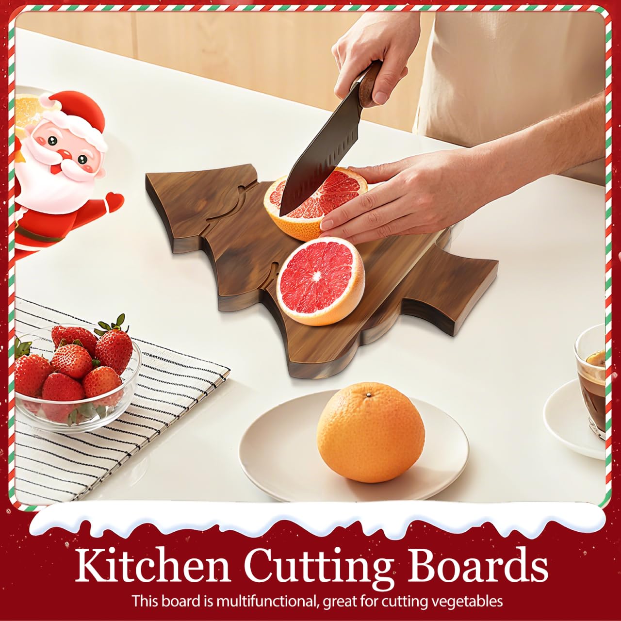 JECOMPRIS Wooden Christmas Tree Shaped Board: 11x9.8in Xmas Tree Serving Tray for Holiday - Charcuterie Board with Handle for Pizza Butcher Block Cheese Vegetables Fruit Salad