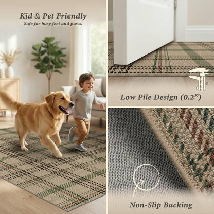 JTJ 5x7 Plaid Area Rug for Living Room - Large Indoor Outdoor Rug for Porch, Bedroom Under Bed, Non Slip Modern Farmhouse, Easy Jute Washable Beige and Sage Green Striped Aesthetic Room Decor