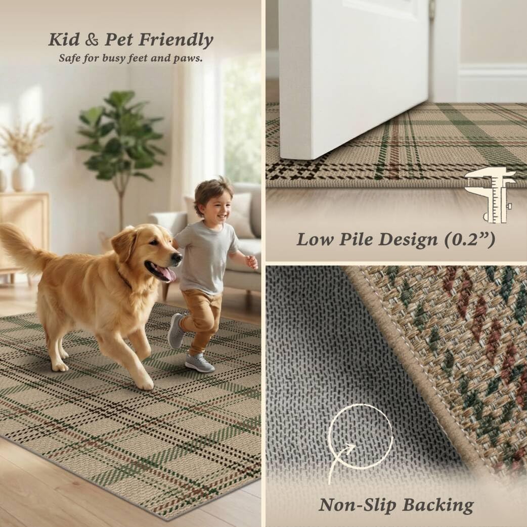4x6 Easy Jute Large Entryway Rug - Washable Plaid Rug for Small Living Room, Non Slip Farmhouse Decor for Bedroom Bedside, Kitchen, Patio, Porch, Large Foyer Beige & Sage Striped