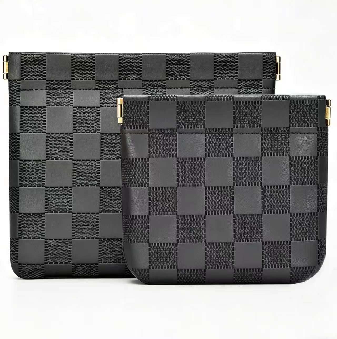 lomkya Checkered Makeup Bag Set Black 2 Pieces Leather Pocket Cosmetic Bag for Purse Waterproof Small Makeup Pouch for Purse Aesthetic Accessories Small Makeup Bag for Women inside Coin Purse