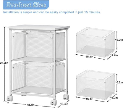 Sbanmao Letter/Legal Rolling File Cabinet, Rolling File Cart with 2 Drawers Filing Cabinet for Home Office, Hanging File Folders Organizer for Under Desk Storage, Mobile Printer Stand, White
