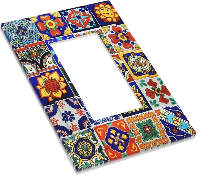 Traditional Colorful Talavera Mexican Spanish Moroccan Tiles Single Rocker/Decora Light Switch Plate Decorative 1 Gang Outlet Cover Faceplate GFCI Electrical Receptacle Wallplate Dimmer for Home Decor