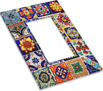 Traditional Colorful Talavera Mexican Spanish Moroccan Tiles Single Rocker/Decora Light Switch Plate Decorative 1 Gang Outlet Cover Faceplate GFCI Electrical Receptacle Wallplate Dimmer for Home Decor
