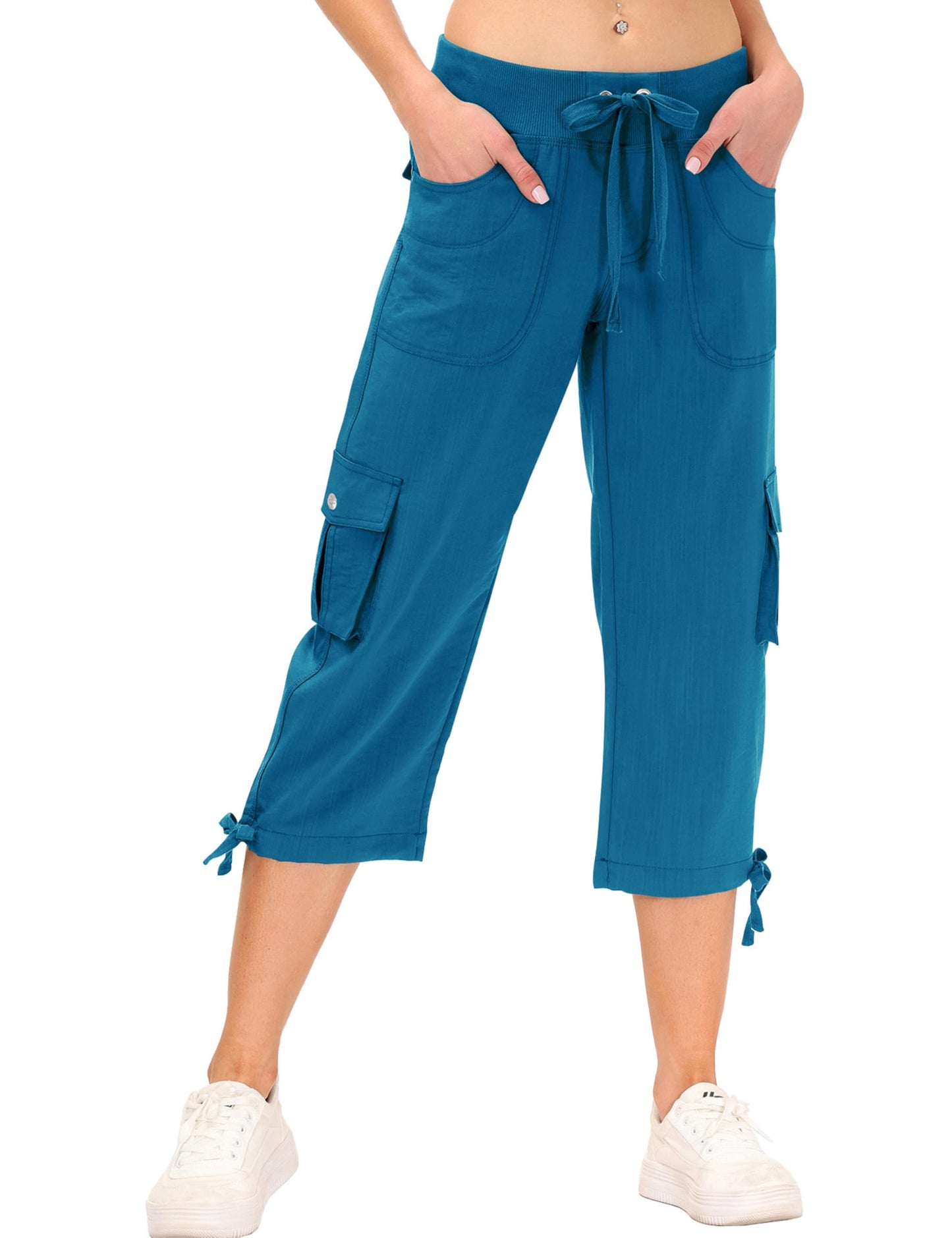 MoFiz Womens Capris Summer Cargo Shorts Lightweight Quick Dry Athletic Casual Travel Loose Ladies Outdoor Hiking Pants Pockets Sapphire Blue 2XL