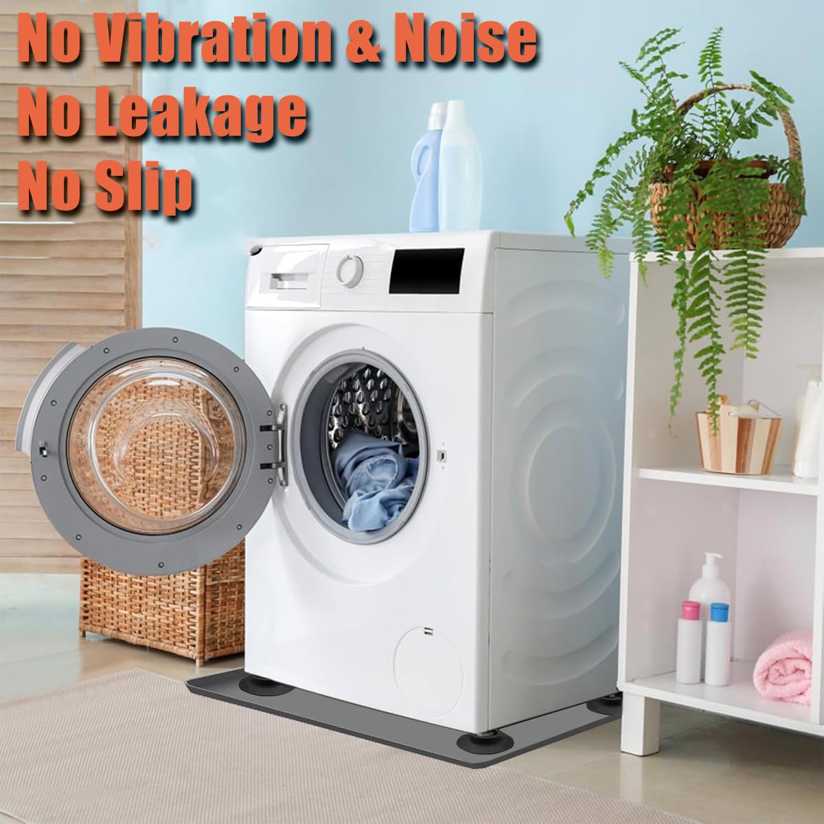 Washing Machine Drain Pan Washer Silicone Mat, Washer Tray Anti-Vibration Soft Bottom Pad Under Dryer Drip Pan Floor Protector, 27x27 Inch Non-Slip Leak Pan Waterproof Washer Drip Tray (Gray+4 pad)