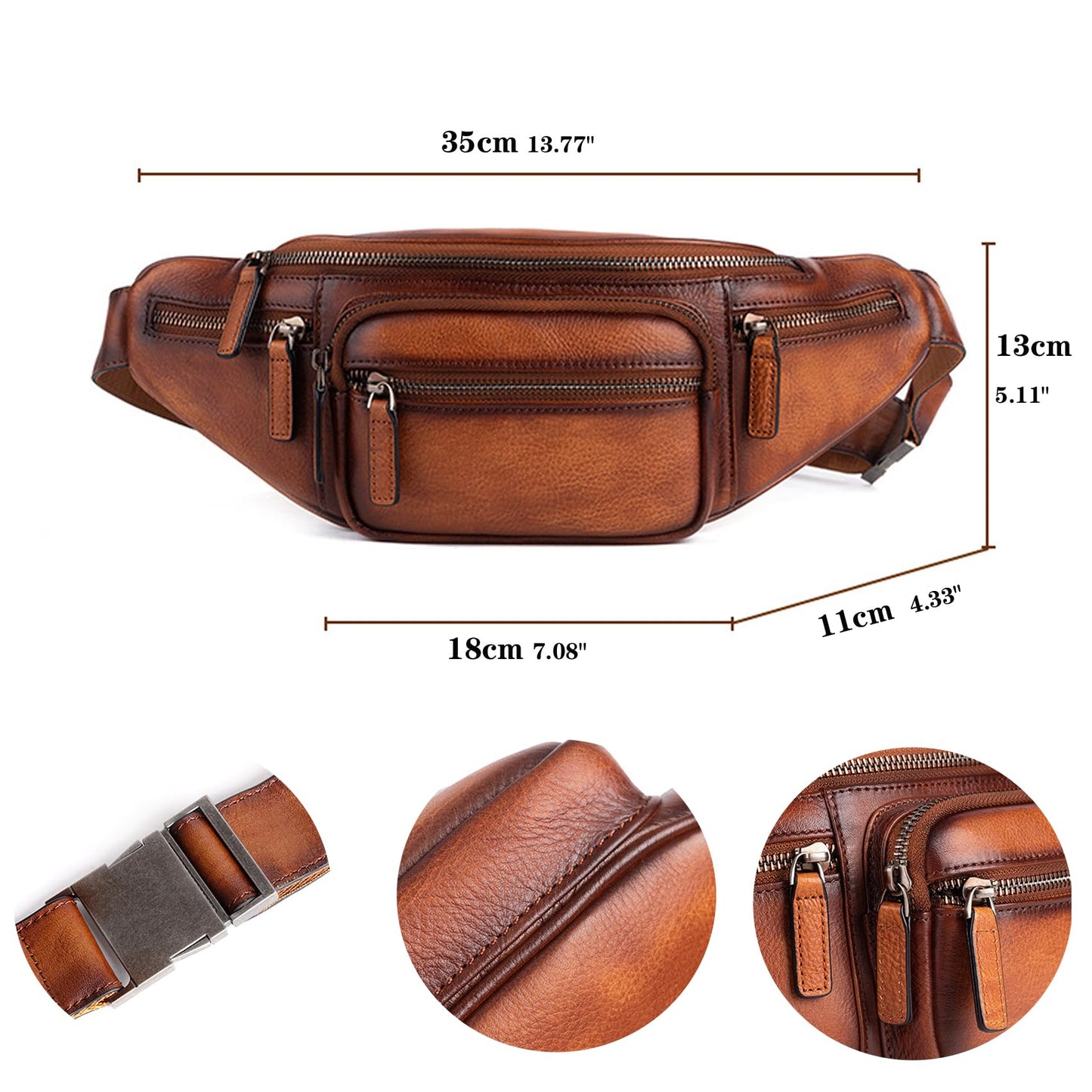 Myunxui Genuine Leather Fanny Pack Waist Bag for Men Women Hip Bum Bag Travel Pouch Sling Bag Crossbody Chest Bags Shoulder Daypack Multiple Pockets Waist Pack Brown