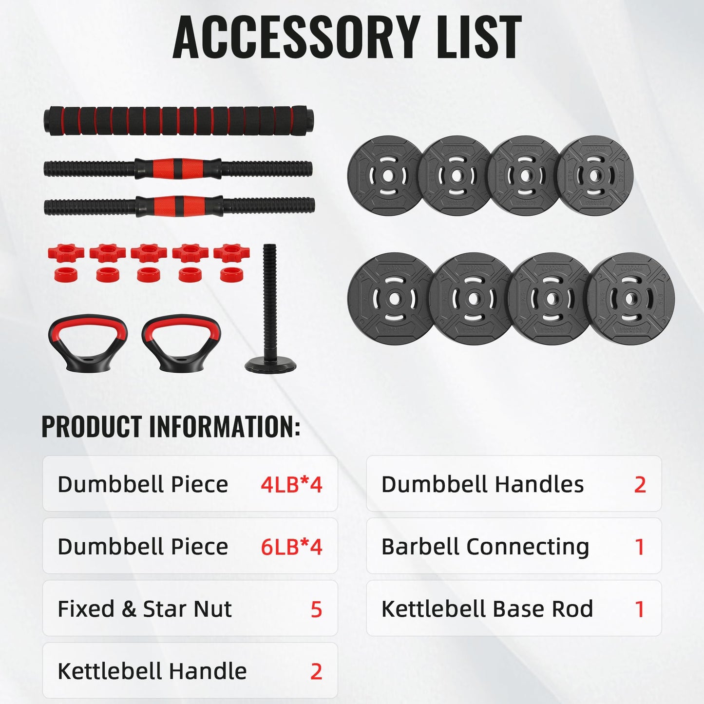 Fitvids Multi-Functional Portable Changeable Dumbbell and Barbell Kettlebell Set with Adjustable Weights, 40LBS or 60LBS Sets, 2-in-1 or 4-in1, Multiple Sizes