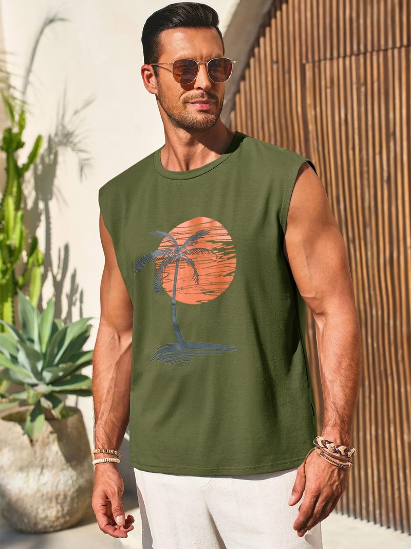 Runcati Mens Sleeveless Tank Tops Workout Gym Muscle Shirts Palm Tree Vintage Hawaiian Summer Beach T Shirts Army Green