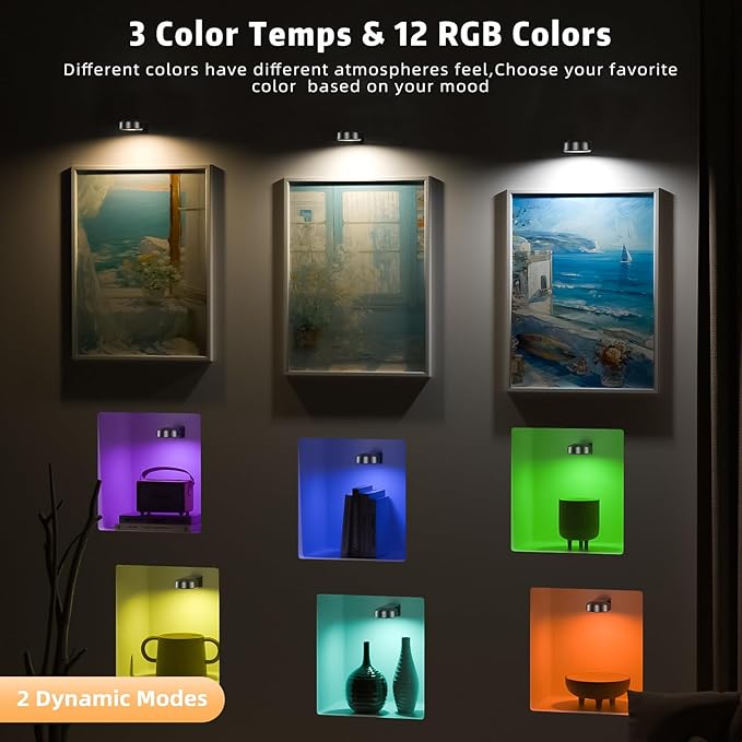 3PCS Picture Lights, Rechargeable Battery Magnetic Poster Lights with 3 Color Temps&12 RGB, Dimmable and Timer Metal Art Light for Display, Wall, Artwork, Gallery (Black)
