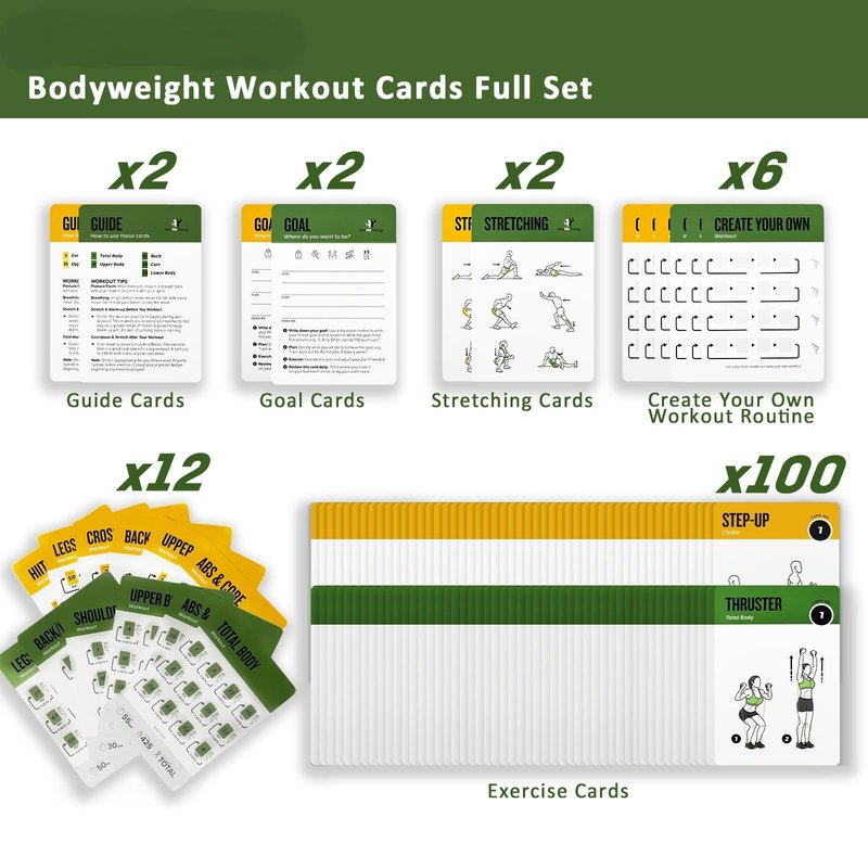 ELAORY Bodyweight & Resistance Belt Workout Cards, 100 Different Exercise Cards with Detailed Illustrations, Large Size 5" x 3.5" Fitness Cards for Women & Men