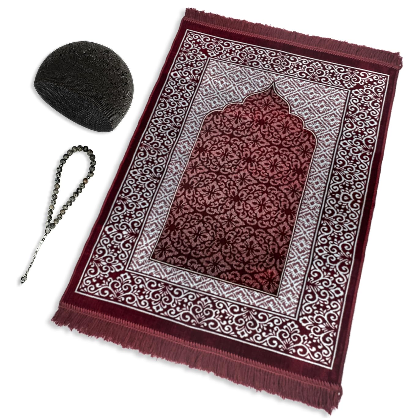 ESERRA Velvet Prayer Mat All in One Set for Islam - Thick Muslim Prayer Rug, Black Kufi Hat, Jasper Stone 33 Prayer Beads, Cotton Travel Case - Islamic Gifts (Red)