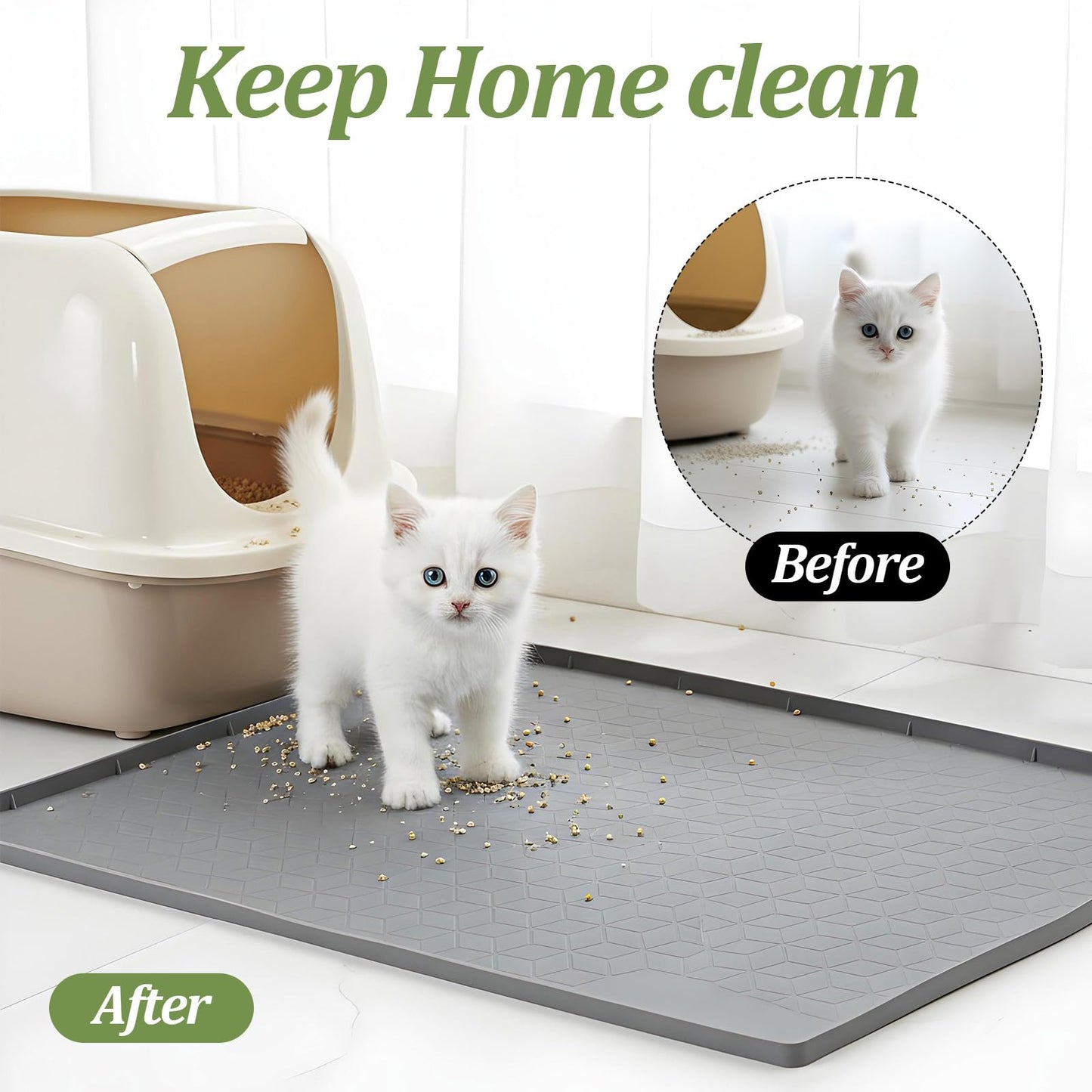 Xaajooio Cat Litter Mat for Litter Box, Silicone Large Cat Litter Trapping Mat - 34x22 in, Waterproof & Non-Slip, Durable & Easy Clean, Gray