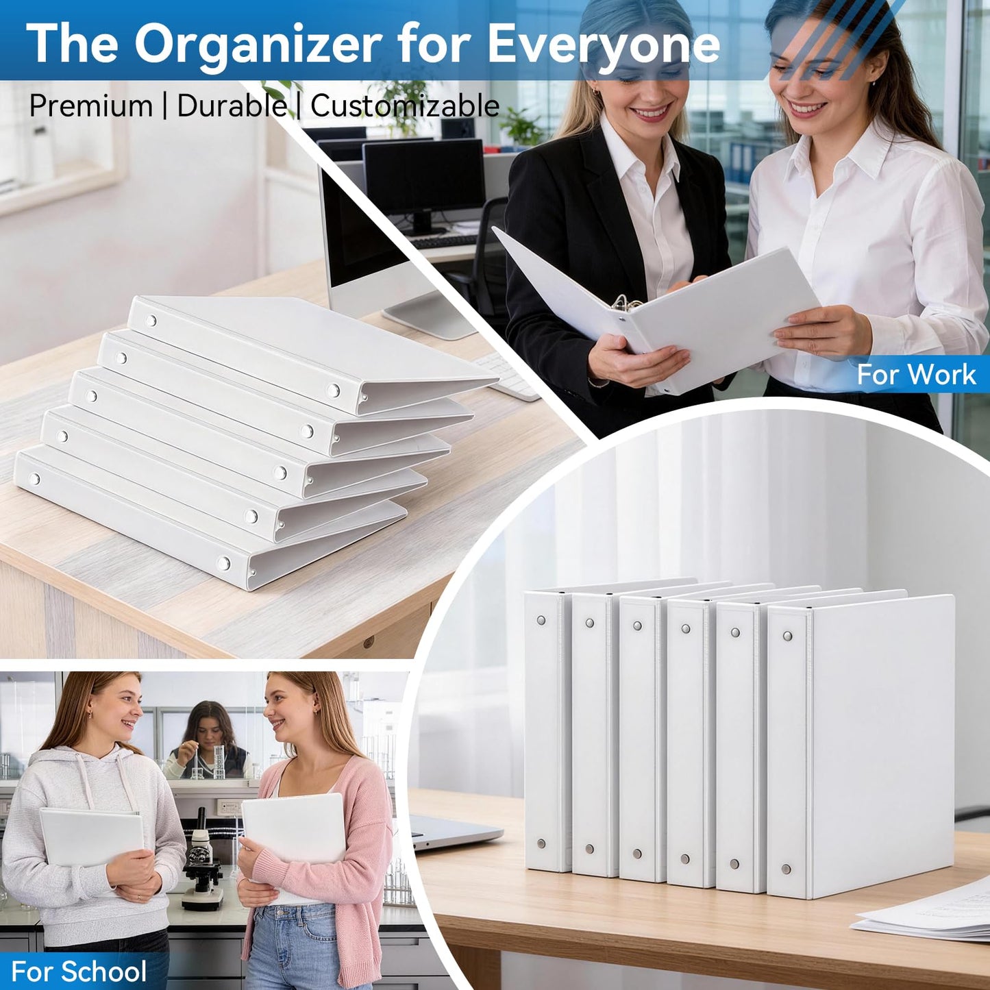 SUIN 3 Ring Binder Bulk 36 Packs -Premium 1'' Binders with Roung Ring Binder, Large 200 Sheet Capacity, Fit 8.5" x 11" US Letter Size Paper, White (1'' White - 36 Packs)