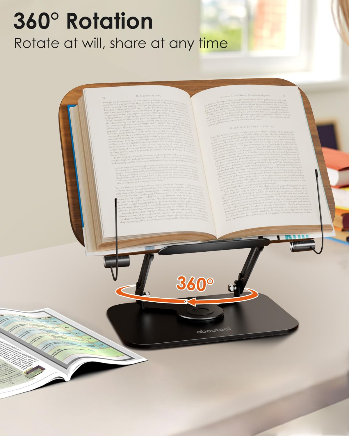 Book Stand for Reading, Aboutool Adjustable Book Holder with 360° Swivel Base & Page Clips, Foldable Cookbook Stand Textbook Stand for Music Scores, Recipe, Tablet, Laptop, Textbook