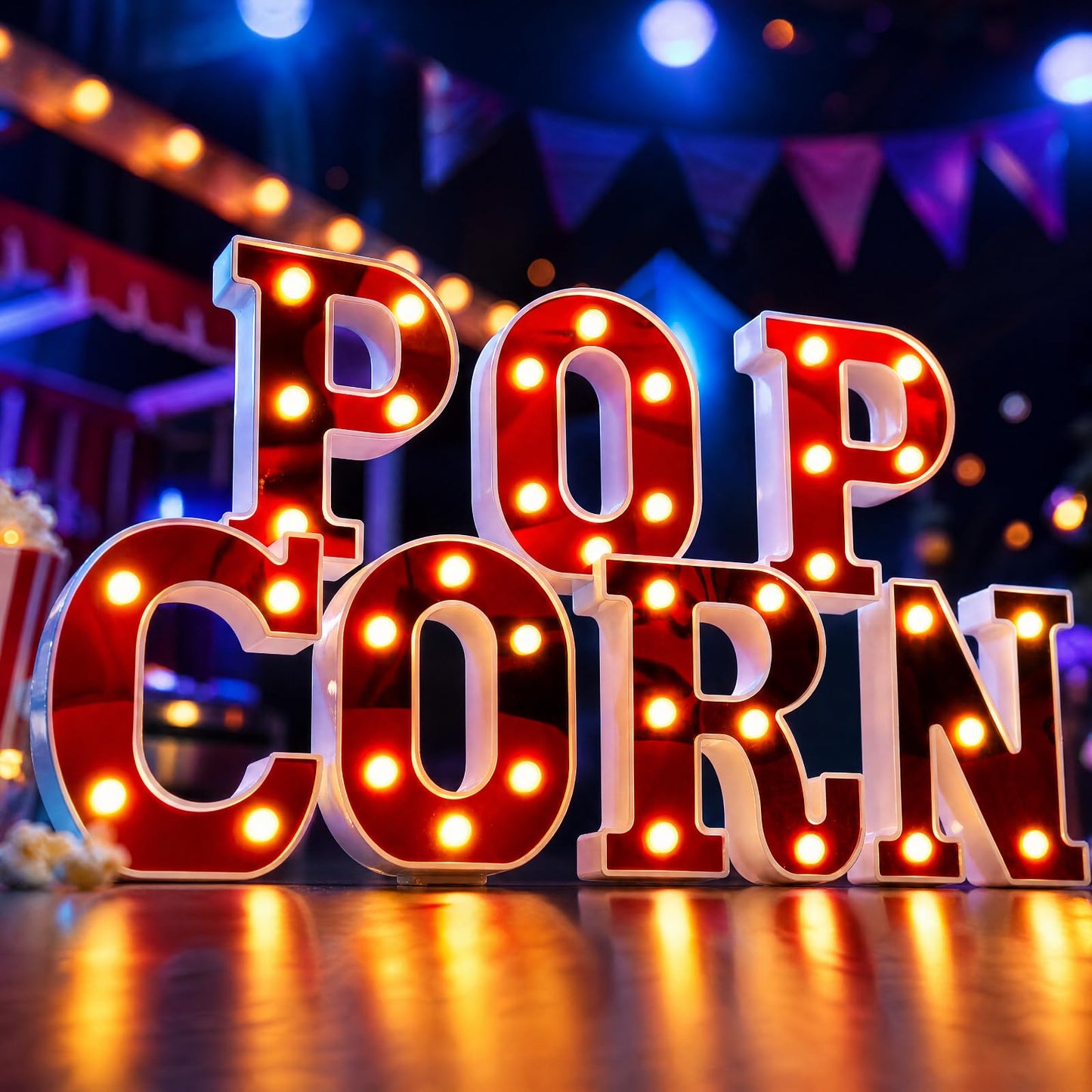 Aurelema Popcorn 6.3" Light up Letters Sign Party Decorations Battery Powered Marquee Lighted Sign LED Alphabet Letter Lights for Christmas Night Party Birthday Home Tabletop Decor Supplies Xmas Gift
