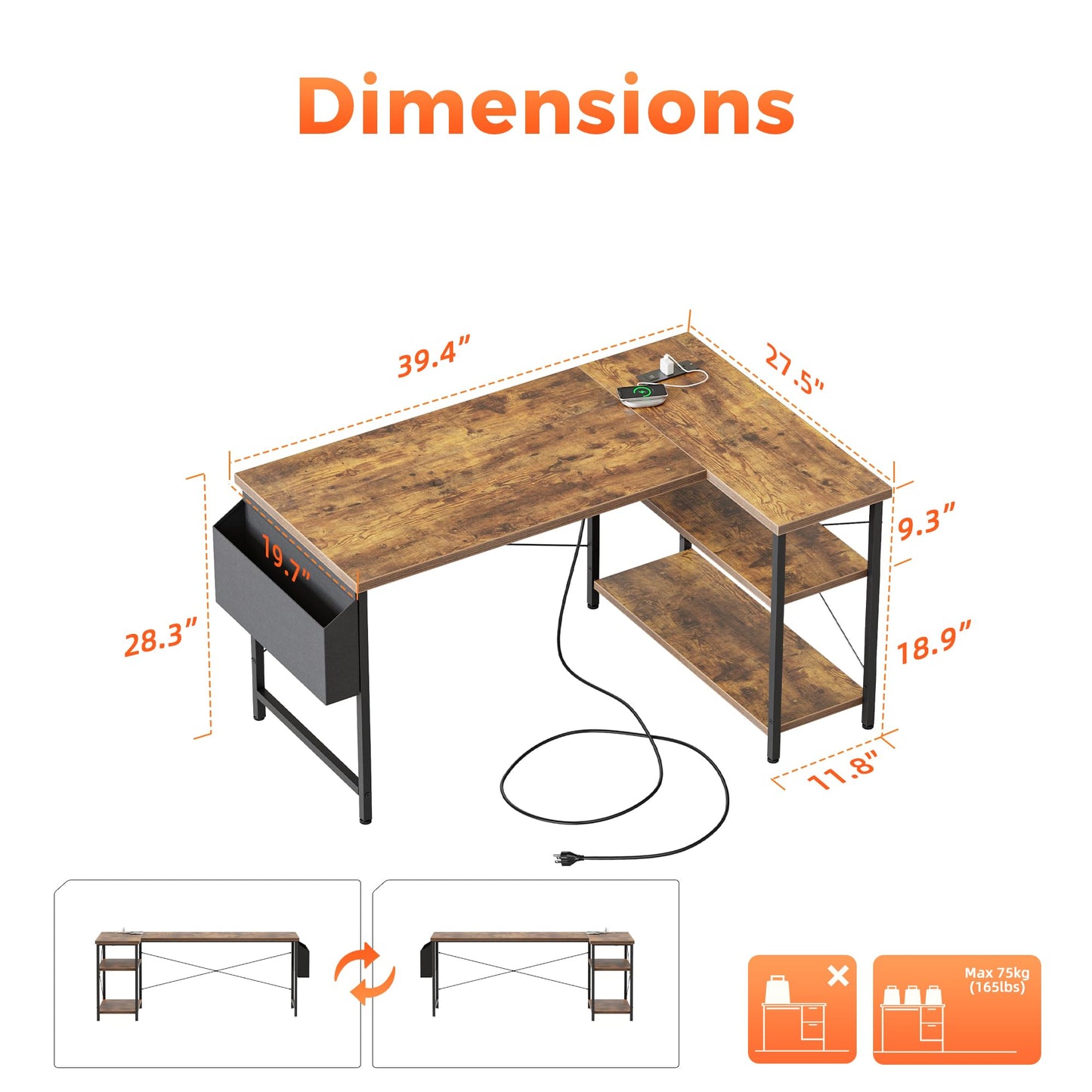 Mericonia Small L Shaped Computer Desk with Power Outlets, Reversible Gaming Desk with Storage Shelves, Corner Gamer Desk Table, Study Writing Table