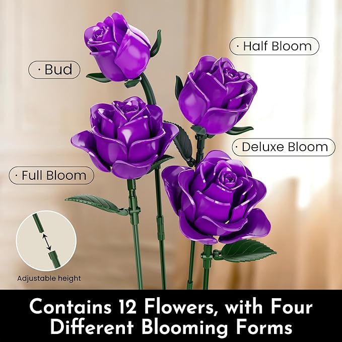 Rose Flower Bouquet Building Set for Adults Gift for Women Couple Girlfriend Mom Wife Buildable Artificial Floral Botanical Collection Décor for Home or Office (530 Pcs)