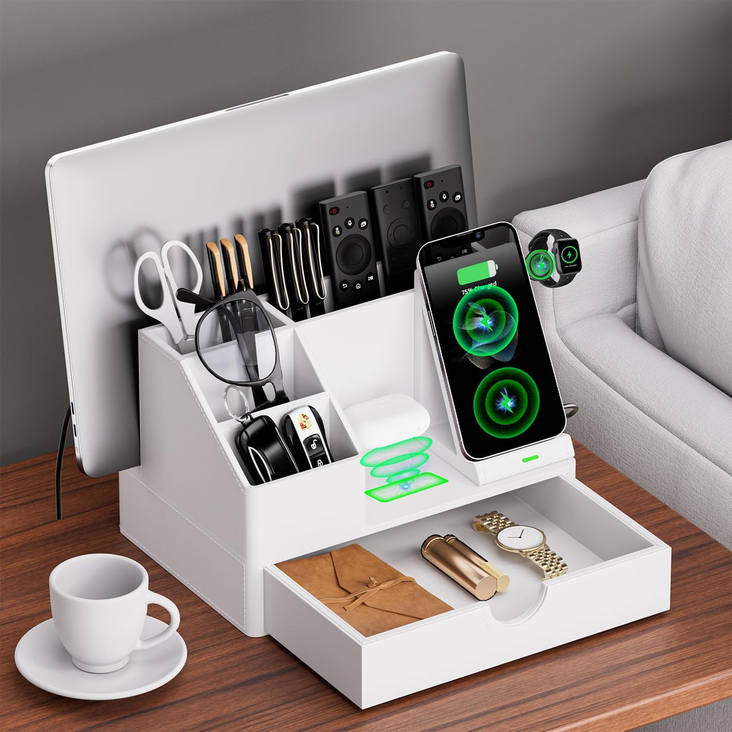 Sleek White PU Leather Charging Station with Drawer - 6-in-1 Multi-Device Desktop Organizer Docking Hub for iPad, Tablet, Laptop, Phone, Watch, Office Home Gift Idea