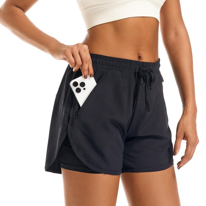 APWKL Women's 2 in 1 Athletic Running Shorts Quick Dry Workout Casual Gym Sweat Shorts Mesh Comfy Liner Zipper Pockets(Black,M)