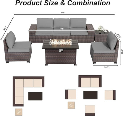 ALAULM 7 Pieces Patio Furniture Set with Fire Pit Table 55000BTU, Oversized Seat/Armrest and High Back Wicker Conversation Set with Thick Cushion for Backyard, Garden, Grey