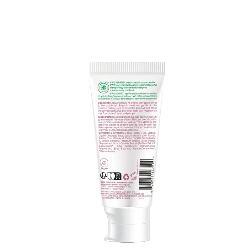 Attitude Baby and Child Fluoride-Free Training Toothpaste, Naturally Derived Ingredients, Vegan, EWG Verified, Strawberry, 2.6 Oz