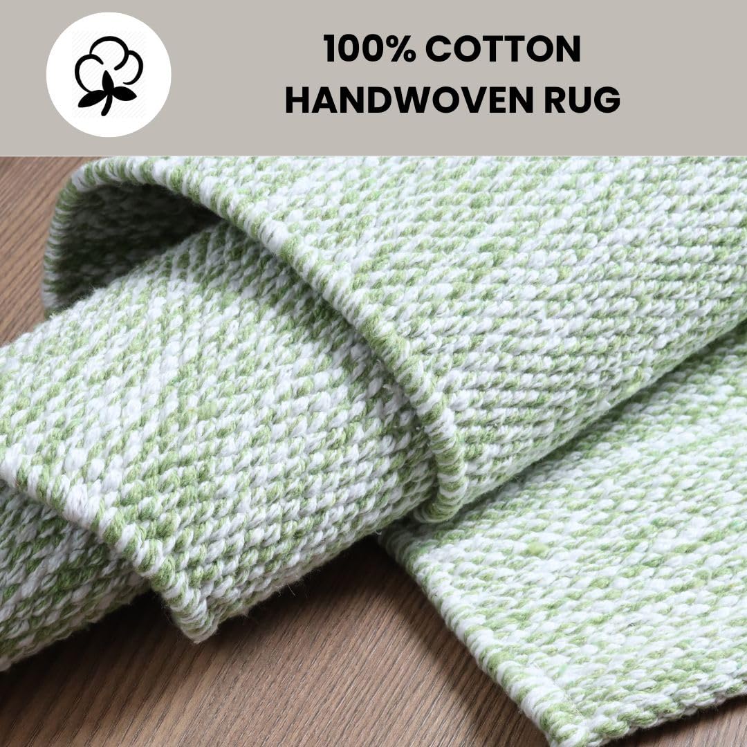 Threadvista Hand Woven Area Rug 3x5 Feet - Rustic Farmhouse Bohemian Accent Rug for Living Room Bedroom Kitchen Entryway Floor Mats Non Slip - Ideal for High Traffic Areas 100% Cotton Rug Green