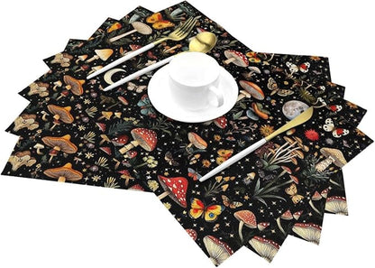 Black Mushroom and Butterfly Linen Placemats Set of 4, Heat Resistant Washable Table Mats for Kitchen Dining Table Party Holiday Outdoor Farmhous, Home Witchy Kitchen Decor, 12" x 18" Place Mats Black