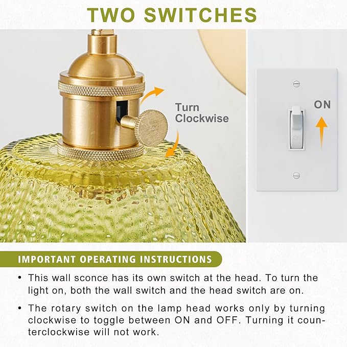 Wall Sconces Set of Two Hardwired, Vintage Wall Light with Gradient Green Glass Lampshade, Bathroom Wall Sconces with Switch, Gold Wall Light Wall Decor Set of 2