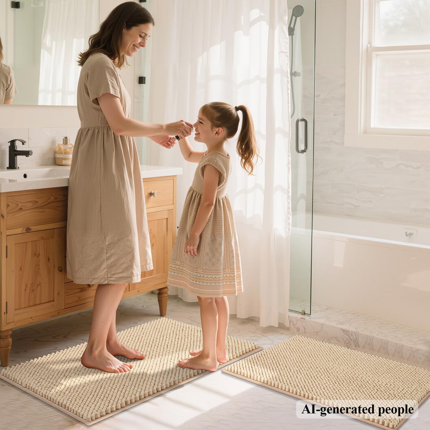 BSICPRO Bathroom Rugs Set 2 Piece-Chenille Bath Mats Non Slip-Thick Soft Absorbent Boho Bath Rug-Shower Floor Mat Machine Washable-Bathroom Decor Accessories (Beige, 20" x 32" Plus 16" x 24")