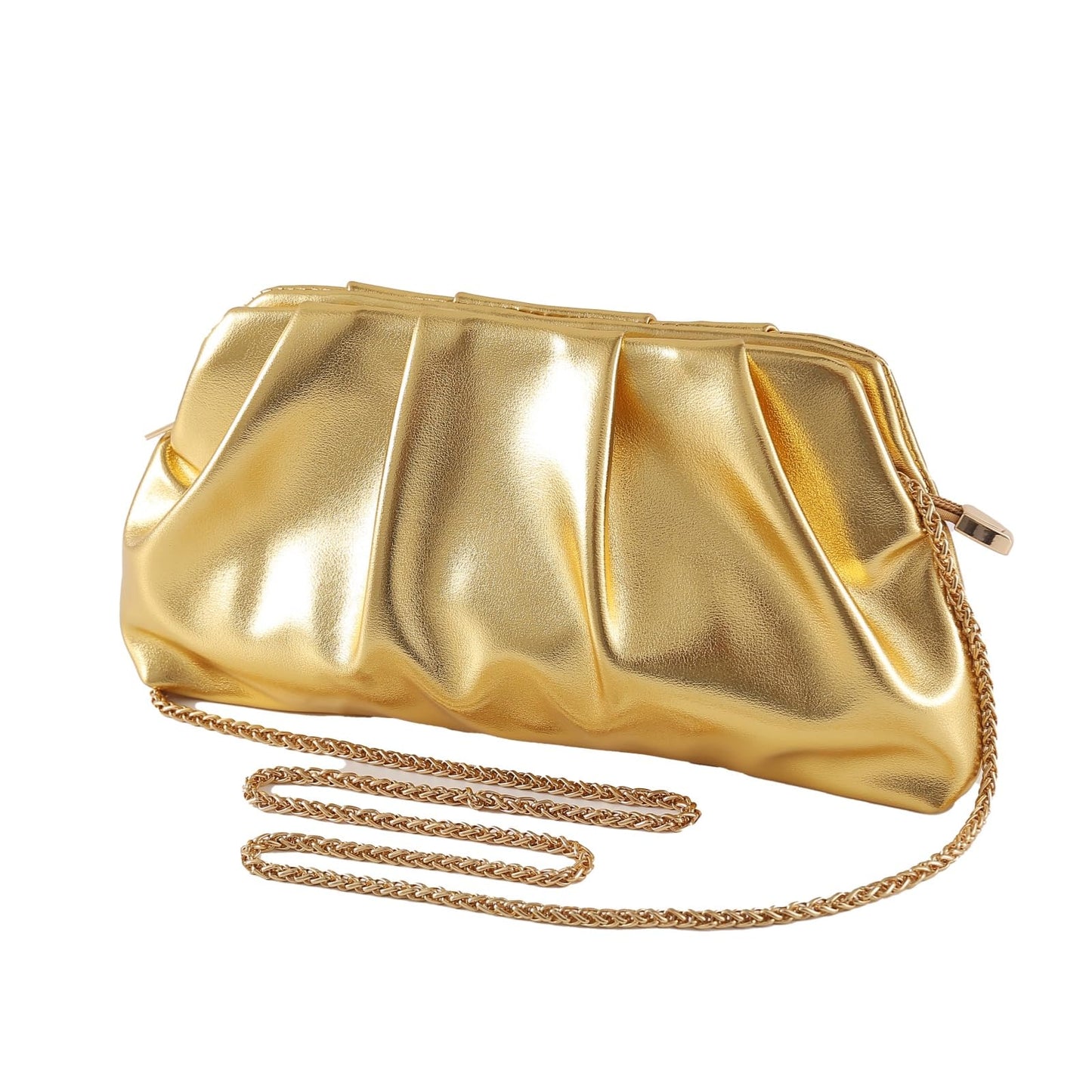 FanChris Evening Bag for Women Ruched Clutch Purse Detachable Metal Chain Crossbody Bag(gold)