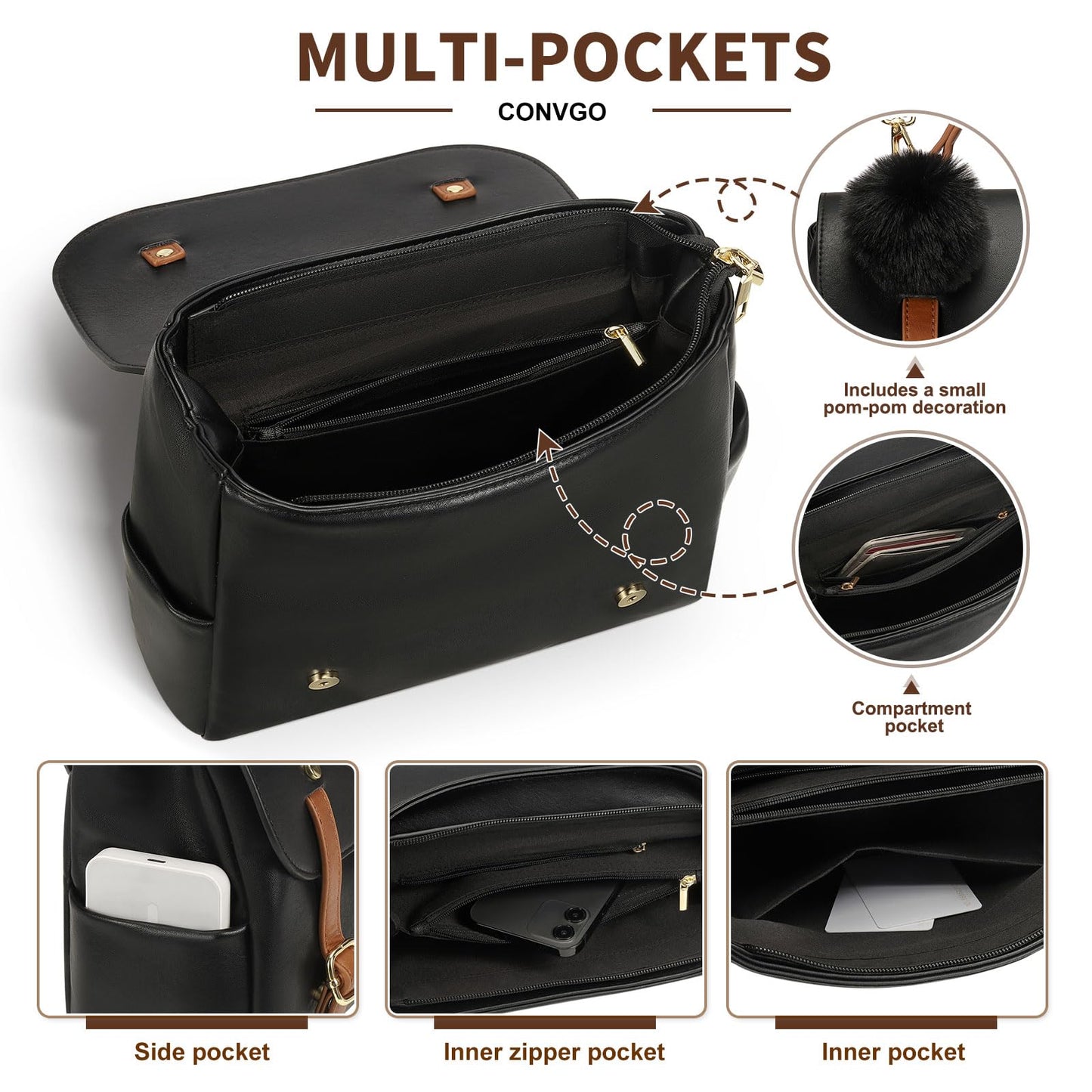 Convgo Mini Backpack Purse for Women, Small Fashion Backpack Vintage PU Leather Shoulder Bag Casual Travel Collage, Black