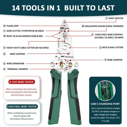 14-in-1 Wire Stripping Pliers, 2026 New Rechargeable Wire Strippers Tool with Voltage Tester&Alarms, Detectable 12-250V, Heavy-Duty Electrical Pliers&Wire Cutters–for Professional and Home Use (Green)