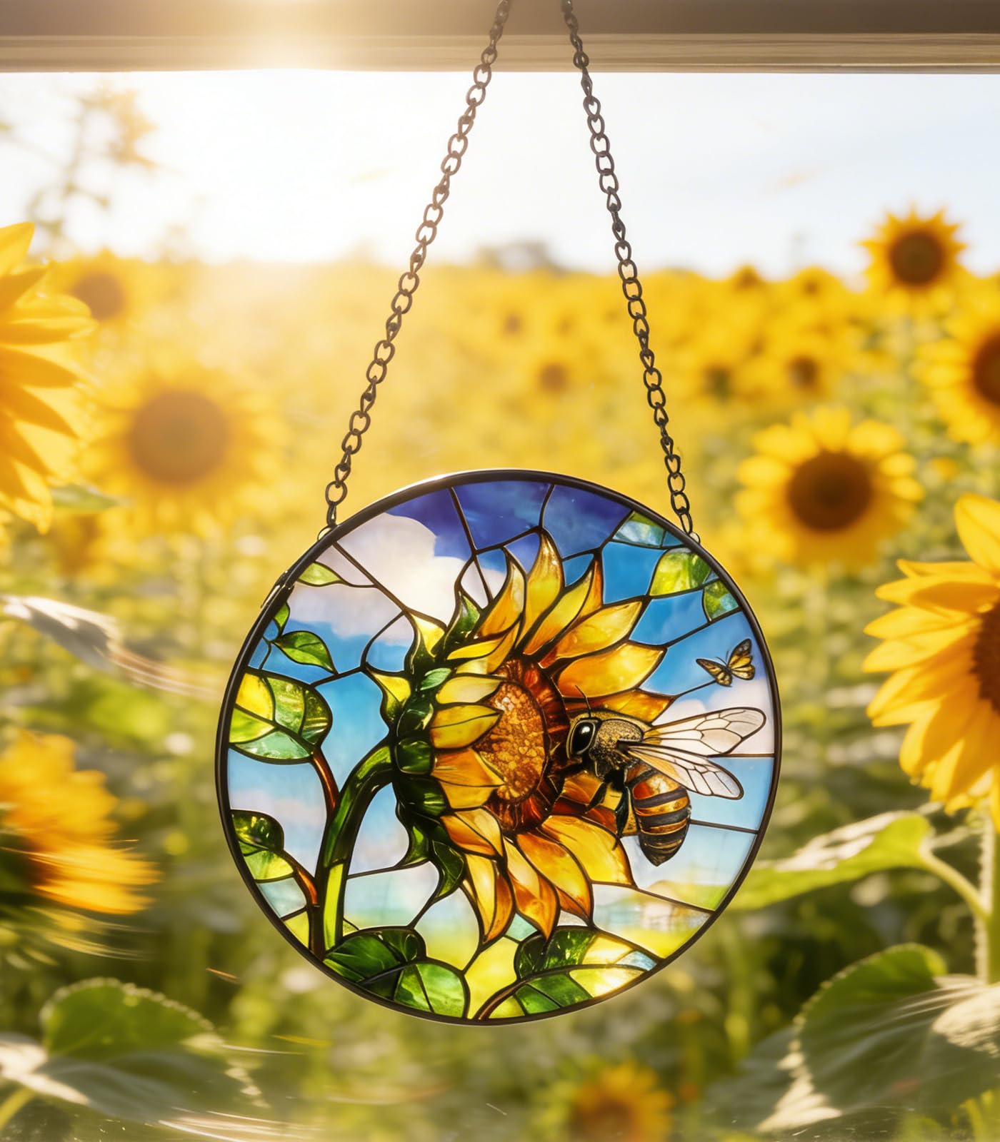 NGOKPYD Stained Glass Window Hanging Sun Catcher Garden Decor Sunflower Flower and Bees on a Branch for Window Doors Home Decoration and Christmas, Mother's Day Birthday Gifts for Women Men Mom 7.8 in