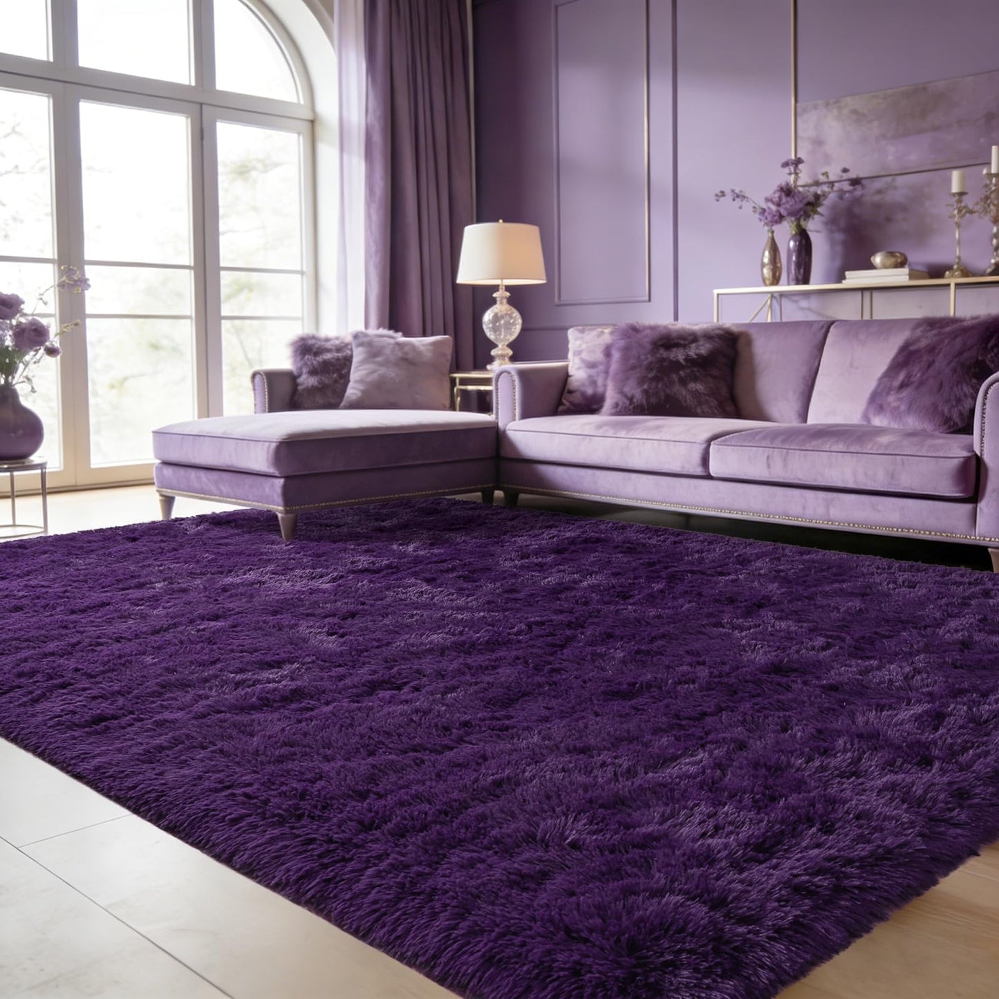 Rtizon Shag Area Rug for Bedroom, 8x10 Feet Fluffy Rugs for Living Room, Plush Carpet with Non-Slip Bottom for Office Girls Boy's Bed Bedside Nursery Room, Dark Purple