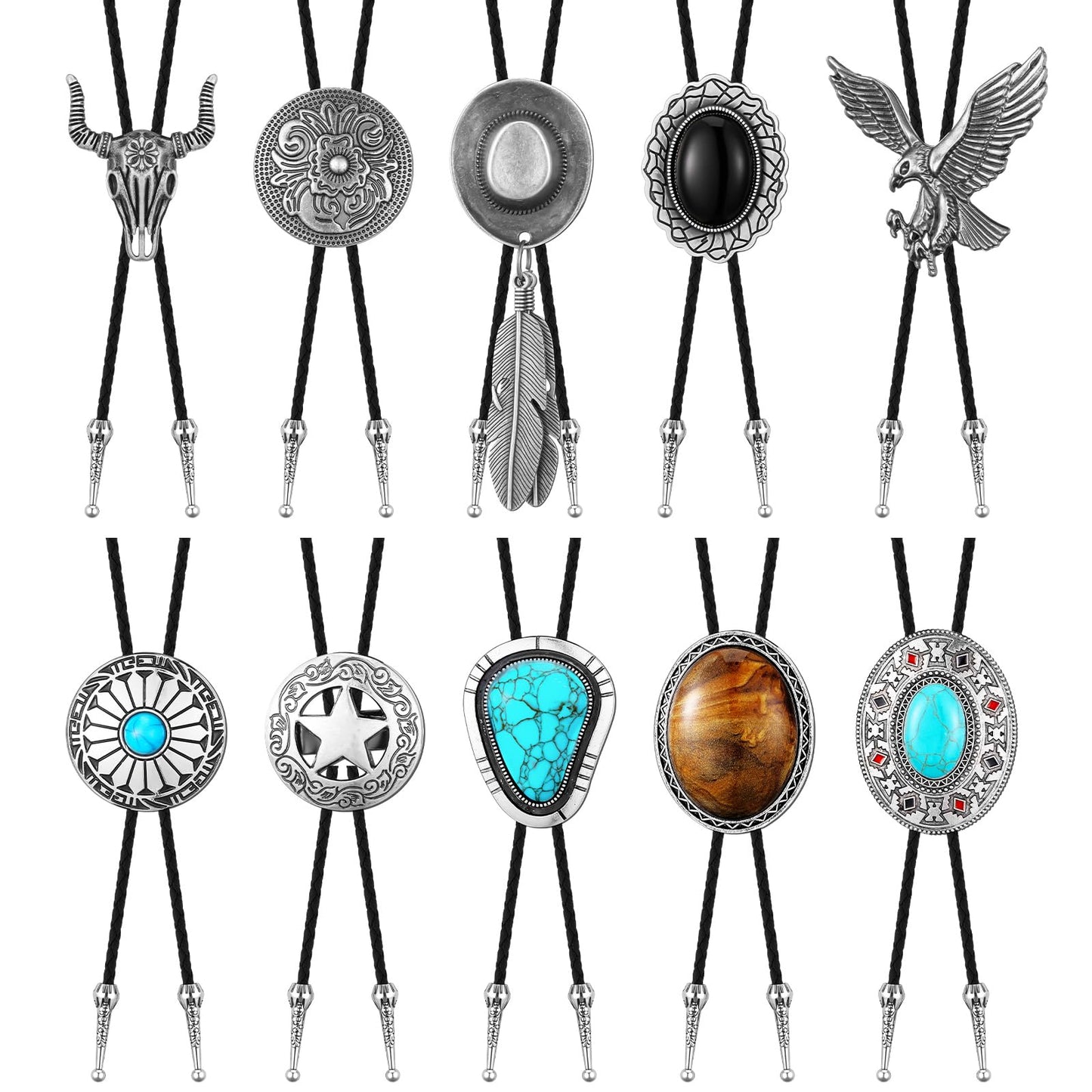 ShinyMatch 10 Pcs Bolo Tie for Men Women Western Cowboy Accessories Leather Necktie with Tiger Eye Stone Costume Accessories(Silver,Classic)