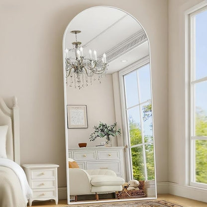Full Length Mirror, 71"x30" Arched-Top Floor Mirrors, Modern Full Body Mirrors with Stand, Wall Mirror with Aluminum Alloy Frame for Bedroom,Living Room, White